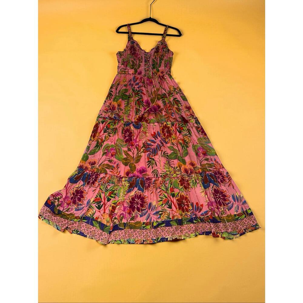 One 2 Magic Pink Tropical Floral Maxi Dress Smocked Corset Boho Size M - Picture 2 of 10